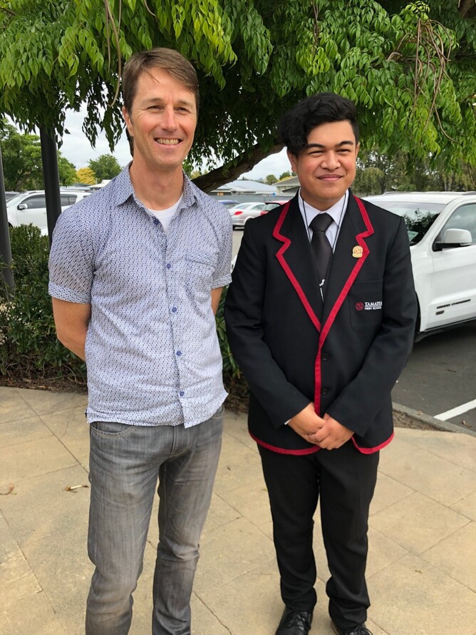 Arran Culver, Tamatea High School Head Boy 1985 with Mika Kaitao, Head Boy 2019.