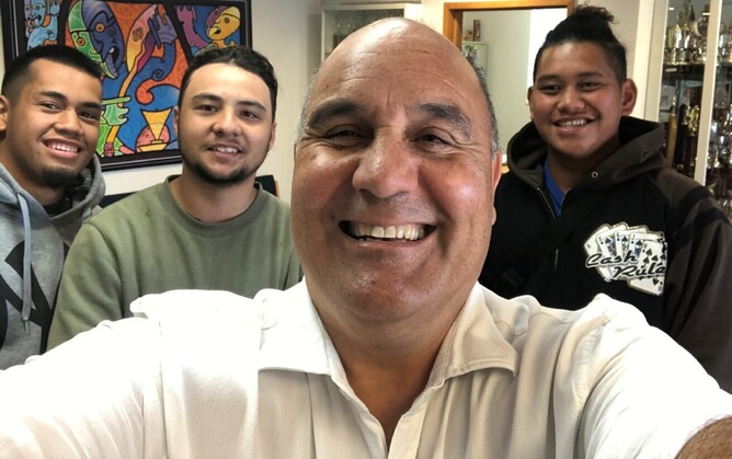 Tamatea High School Principal, Robin Fabish, with School Leavers John Ioane, Ngarangi Lawrence and Henry Apai Ah Kuoi who are studying pre-employment Carpentry at EIT this year.