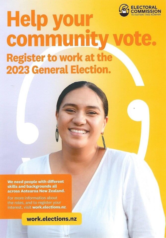 Poster from the Electoral Commission inviting people to register to work at the 2023 General Election