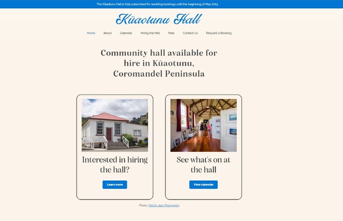 A screenshot of the home page of the new Kuaotunu Hall website