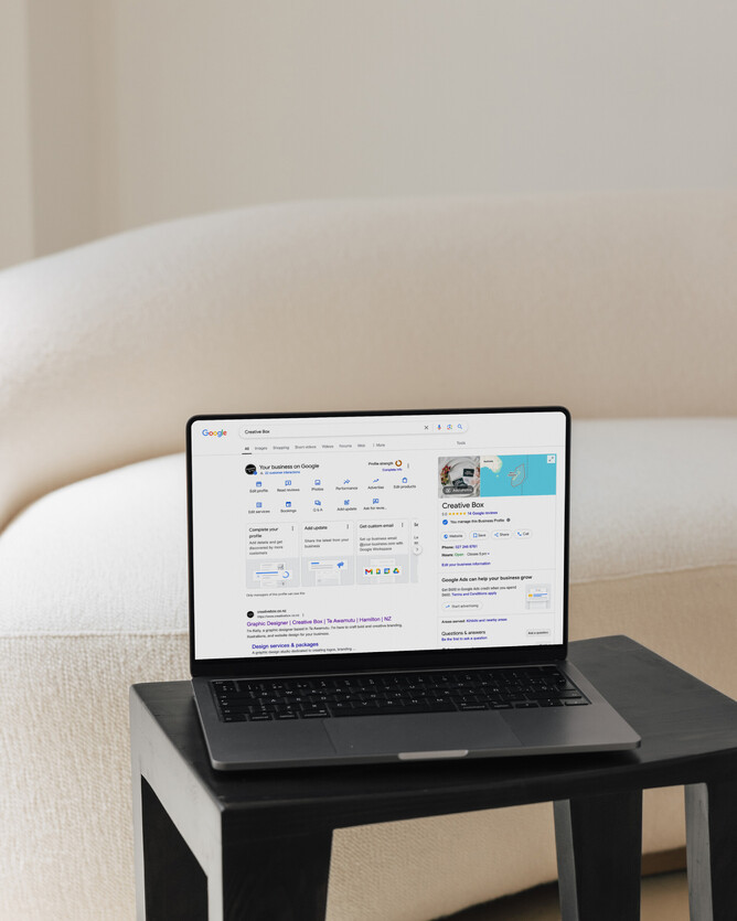 Image of laptop. Blog post about unlocking the power of your Google Business Profile. Creative Box, New Zealand.