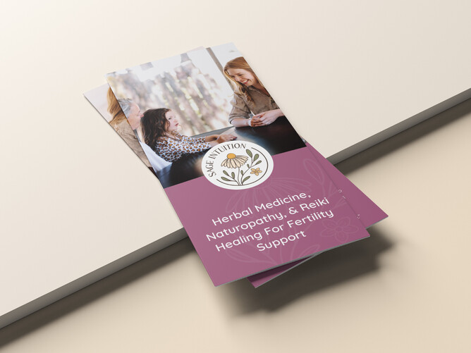 Image for 5 signs you need a rebrand blog. Image of Sage Intuition trifold brochure. Purple with floral pattern and photo of Natasha with clients.
