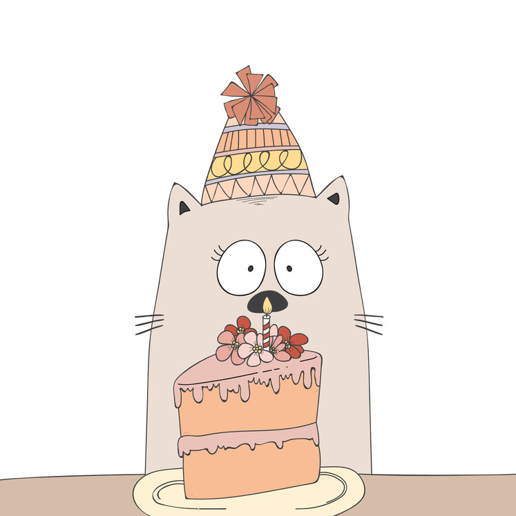 Digital illustration of a birthday cat eating cake. By Creative Box, New Zealand