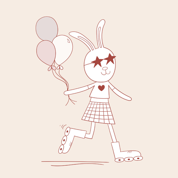 Image of dusty pink bunny rabbit roller skating with balloons. By Kelly at Creative Box. Illustrator. New Zealand.