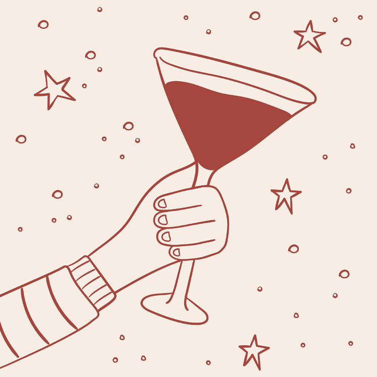 Image of hand holding espresso martini cocktail. Cheers. Pinks & reds.By Kelly at Creative Box. Illustrator. New Zealand.