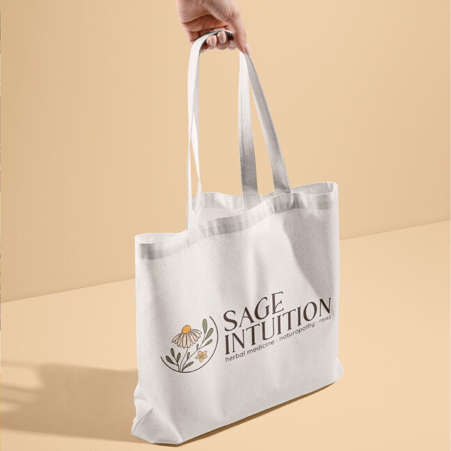 Image of Sage Intuition's logo mocked up on a tote bag. Designed by Creative Box. Waikato, New Zealand.