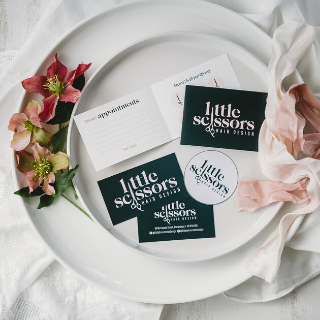 Full branding for Otorohanga's hairdresser, Little Scissors. Creative Box, Waikato, New Zealand