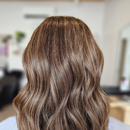 A blended brown balayage hair colour and style by Hair by Shiyee.