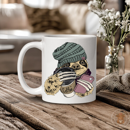 Sloth holding a coffee mug from coffee and moo
