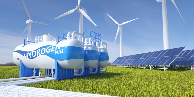 Clean hydrogen infrastructure including solar, wind turbines, storage, and pipes