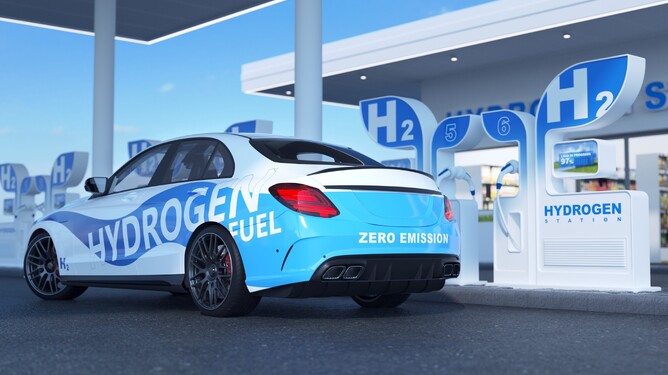 Hydrogen fueled car parked at hydrogen gas station