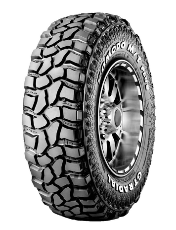 A MUD TERRAIN TYRE WITH WHITE RAISED LETTERS