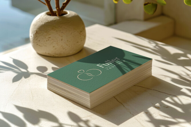 Luxury brand identity mockup featuring an elegant business card design for a New Zealand wedding professional. Soft shadows, muted green palette, and premium typography showcasing a strategic rebrand. | Strategic Brand Design for Wedding Businesses