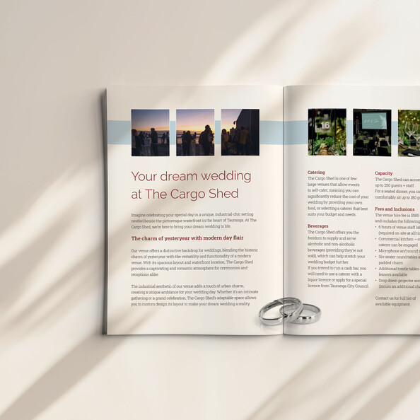 The Cargo Shed wedding venue brochure deisgn - inside editorial spread | Wedding Brochure Design