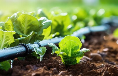 Water sprinkler line in a home vegetable garden