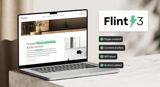 Flint 3, website SEO tool screenshot from Rocketspark with trade website in the background. 