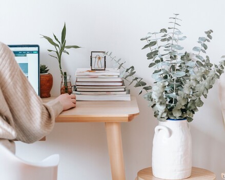 Virtual assistant working at her laptop on her desk. Books and plant to her right.