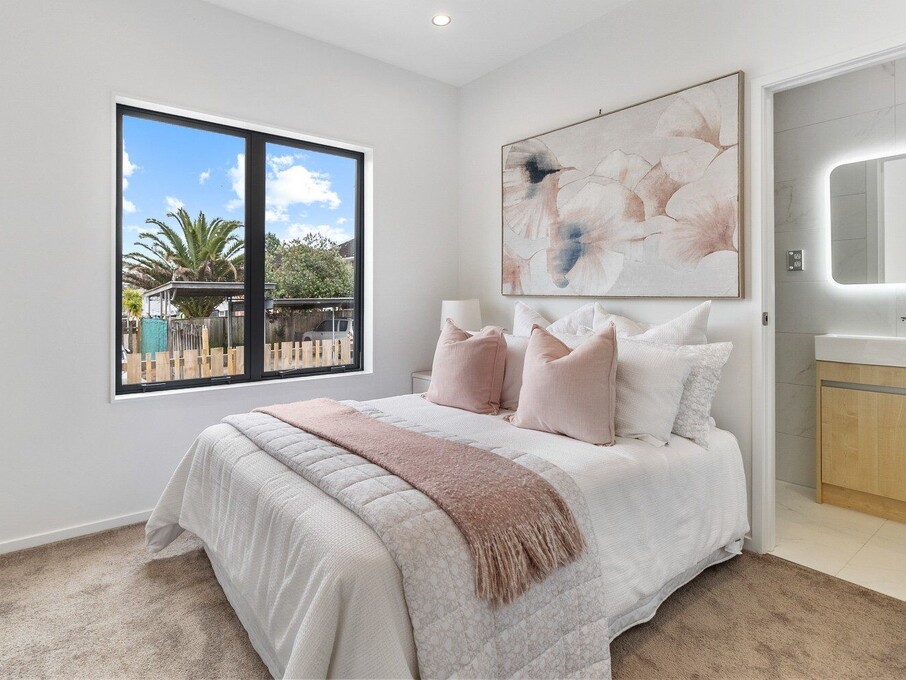 Image of modern bedroom at residential new build family home on Subritzky Avenue, Mount Roskill, Auckland. Built by Auckland builders, Eden Construction. New Zealand.