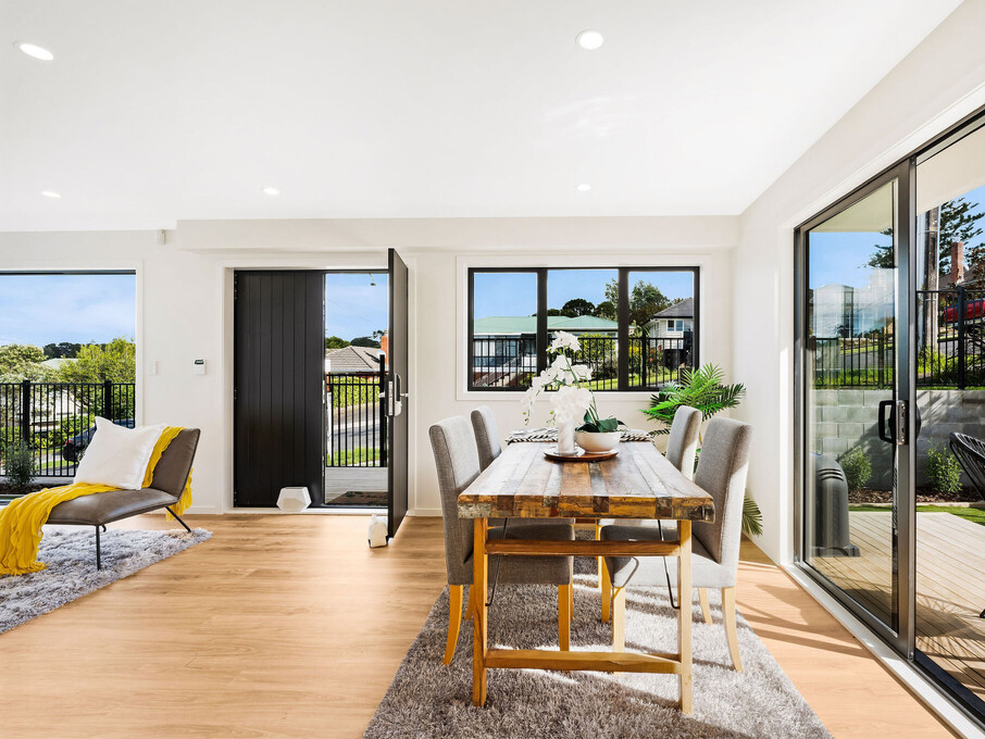 Image of the dining area inside the residential new build townhouses on Roland Hill, Glen Eden, Auckland. Built by Auckland builders, Eden Construction. New Zealand.