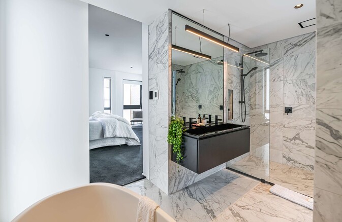 Image of a residential home renovation. Newly renovated ensuite bathroom by Auckland builders, Eden Construction. New Zealand.