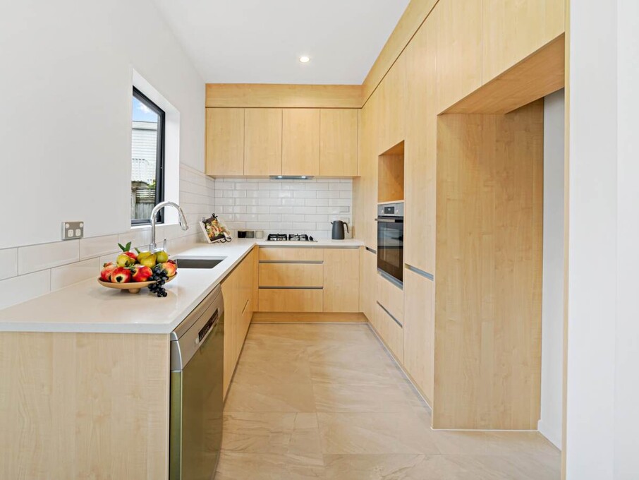 Image of modern kitchen at residential new build family home on Subritzky Avenue, Mount Roskill, Auckland. Built by Auckland builders, Eden Construction. New Zealand.
