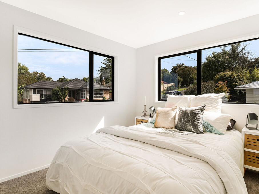 Image of the a bedroom inside the residential new build townhouses on Roland Hill, Glen Eden, Auckland. Built by Auckland builders, Eden Construction. New Zealand.