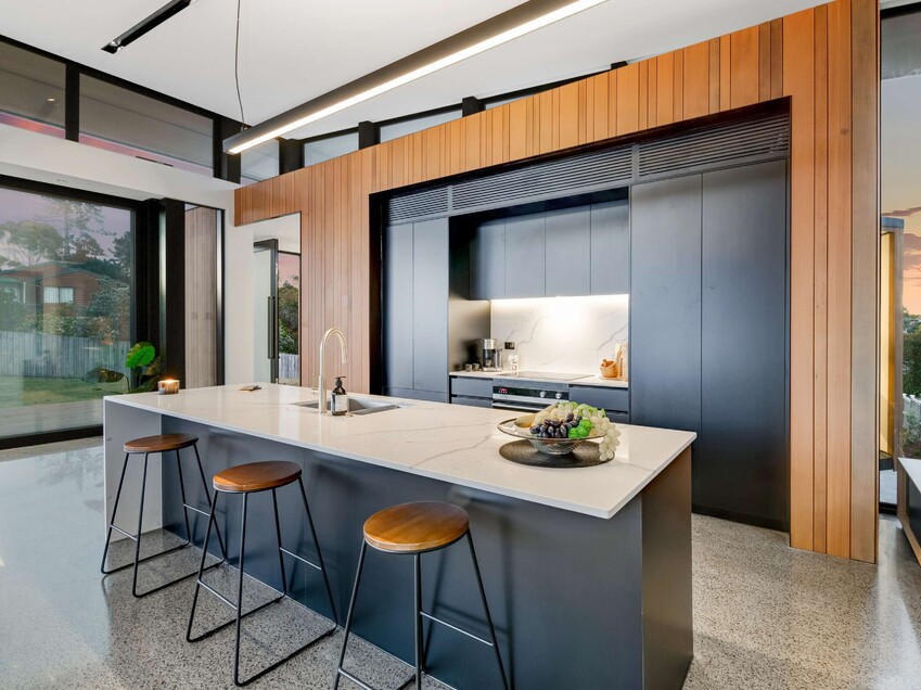Image of a residential home renovation. Newly remodelled kitchen by Auckland builders, Eden Construction. New Zealand.