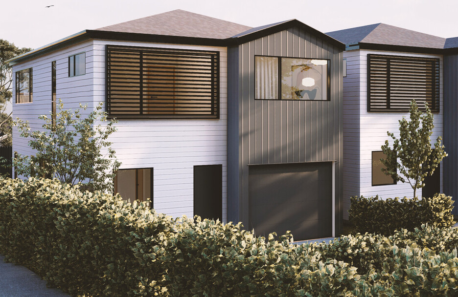Image of a residential new build home. Newly constructed townhouses on Taupo Street, Green Bay, Auckland. Built by Auckland builders, Eden Construction. New Zealand.