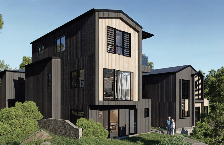 Image of a residential new build home. Newly constructed townhouses on Woodward Avenue, Mangere Bridge, Auckland. Built by Auckland builders, Eden Construction. New Zealand.