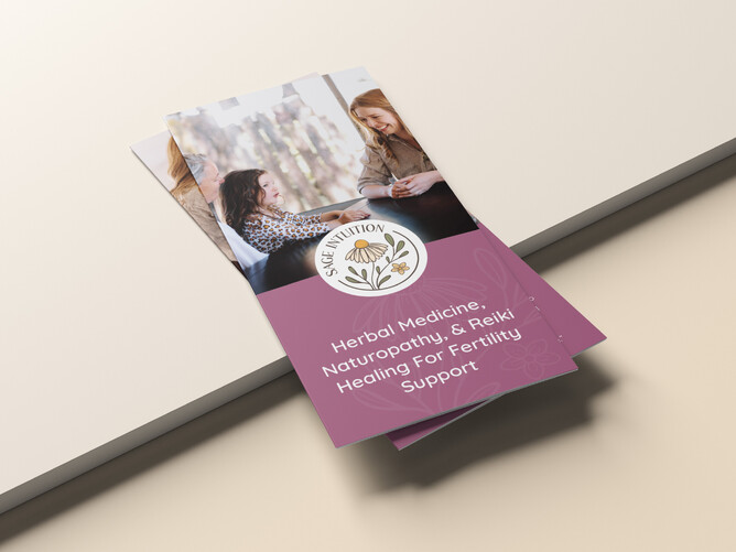 Image for 5 signs you need a rebrand blog. Image of Sage Intuition trifold brochure. Purple with floral pattern and photo of Natasha with clients.