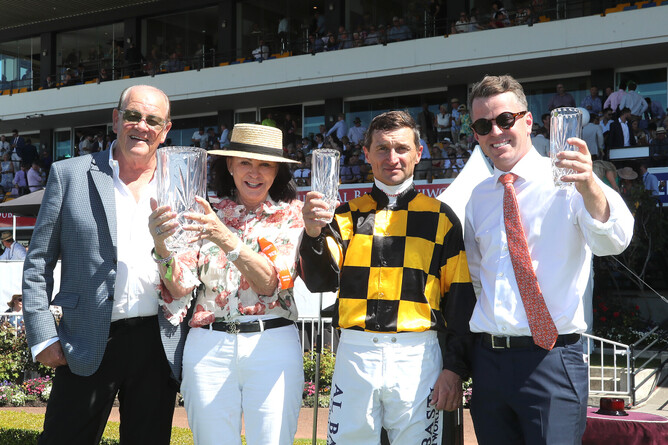 L-R: Brendan and Jo Lindsay celebrate the victory of Kahma Lass in the  Gr.1 Barneswood Farm New Zealand 1000 Guineas (1600m) victory with rider Opie Bosson and trainer Jamie Richards.  Photo Credit: Race Images South