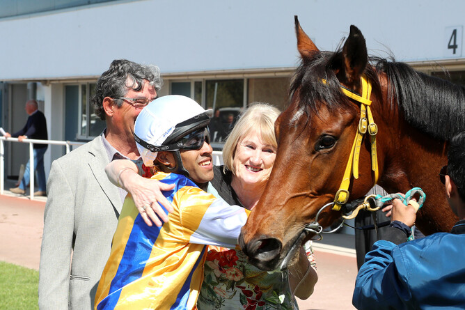 Brandon May accepts congratulations after his win on Specialty at Ashburton - Photo credit: Race Images South