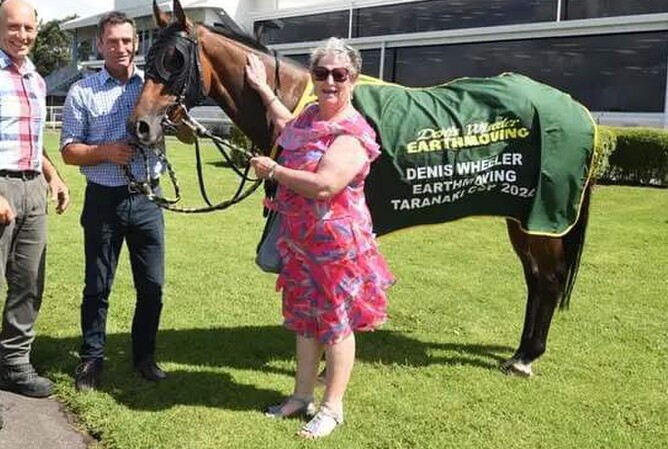 Adrianne Gemmell pictured with Contribute after her win in the Listed Taranaki Cup (1800m) - Photo: Supplied