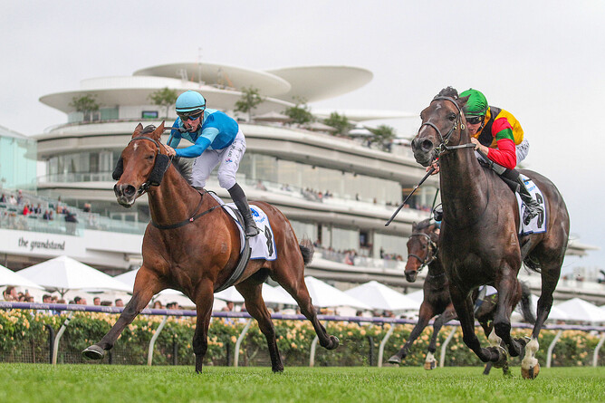 Age Of Chivalry (green cap) fends off the challenge of Crosshaven to win the Gr.3 Chatham Stakes (1400m) at Flemington Photo Credit: Bruno Cannatelli