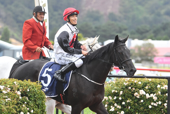 Sudbina and Kozzi Asano return to scale after winning the Gr.3 New Zealand Bloodstock Desert Gold Stakes (1600m) at Trentham on Saturday. - Photo: Peter Rubery (Race Images Palmerston North)
