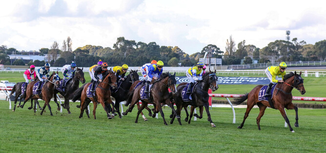 Jordan Childs has Dunwoody bowling along at the head of affairs as they cause an upset in the Listed VRC St Leger (3000m) at Sandown  - Photo: Bruno Cannatelli