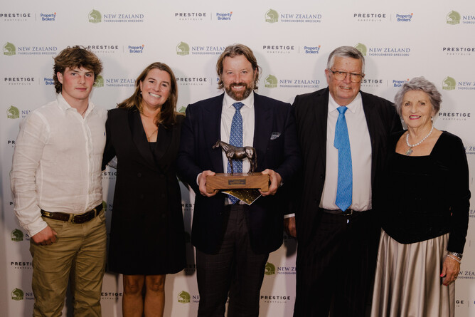 Harry, Pippa, Mark, Garry and Mary Chittick of Waikato Stud at Saturday’s Property Brokers National Thoroughbred Breeding Awards - Photo: Christine Dawkins