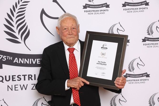 Joe Yorke being inducted into the Equestrian Sports New Zealand Hall of Fame on Friday night. - Photo: ESNZ