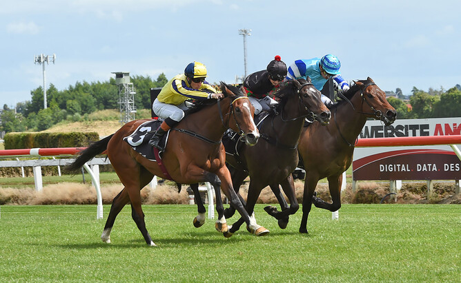 Waitak (left) gets the better of Channel Surfer (middle) and Matter Of Honour (inner) at the finish of the Listed Trevor & Corallie Eagle Memorial (1500m) at Te Rapa - Photo: Race Images – Megan Liefting