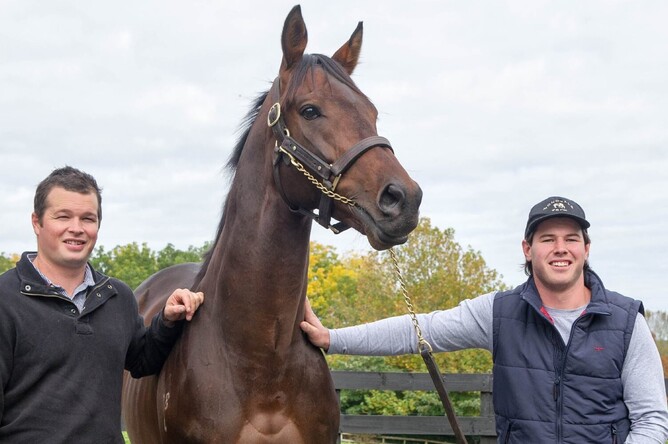 Joe (left) and Max Smithies with group one winner turned stallion, Puccini. - Photo: Supplied