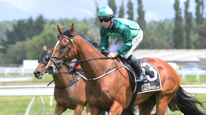 Craig Grylls aboard Oneroa who provided trainer Murray Baker with his 1800th win in New Zealand Photo: Race Images – Grant Matthew