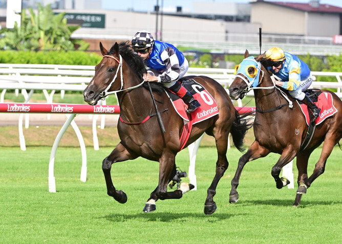 Ucalledit dashes away with the Listed Lough Neagh Stakes (1400m) at Eagle Farm - Photo: Grant Peters