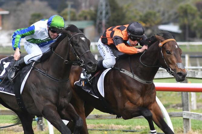 Wakari (right) holds out I Wish I Win to take out the Listed El Roca-Sir Colin Meads Trophy (1200m) at Hastings Photo Credit: Race Images – Peter Rubery