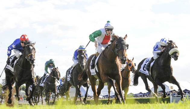 Damian Lane rides Jon Snow to victory in the Australian Derby (Image: Bradley Photography)