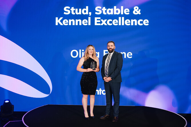 Olivia Blane receiving the Stud, Stable and Kennel Excellence Award at Entain’s Industry Excellence Awards on Sunday night.  - Photo: Supplied