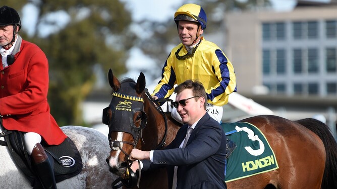 Waitak winning Saturday's Howden Insurance Mile (1600m) at Te Rapa.  - Photo: Kenton Wright (Race Images)