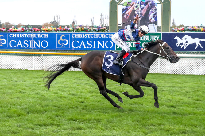 Atishu bolts clear with the Listed NZB Airfreight Stakes (1600m) at Riccarton Photo Credit: Race Images South