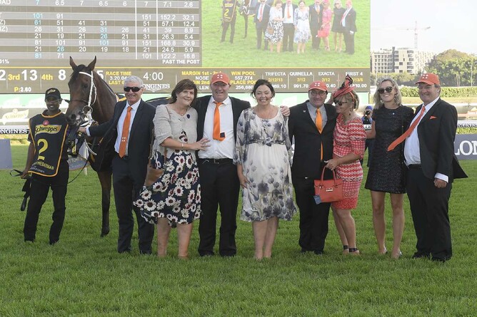 The South Island bred Who Shot Thebarman pictured after his Sydney Cup victory with his proud connections