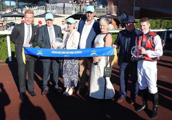 John Cassin (second from left) and his wife Jan (third from left) with trainers Simon and Katrina Alexander and James McDonald - Photo: Supplied