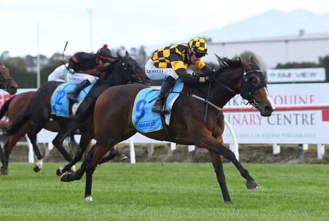 Snazzytavi winning the Gr.3 Easter Handicap (1600m) at Te Rapa on Saturday.  - Photo: Kenton Wright (Race Images)